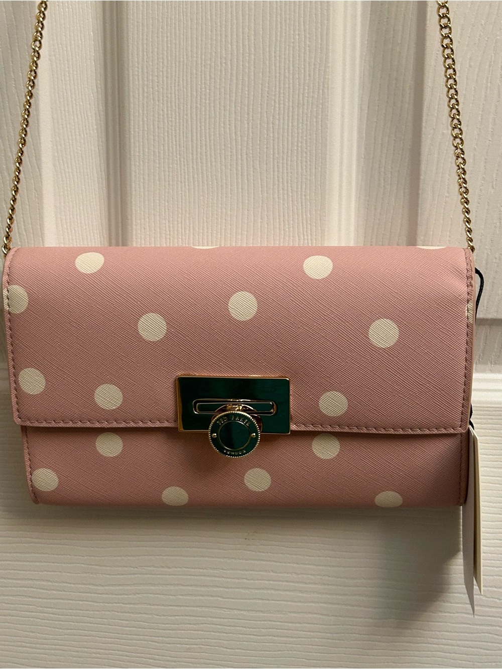 Ted Baker Pink Polka Dot Crossbody Bag with Gold Chain